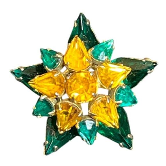 Vtg Starburst Rhinestone Brooch Amber Green Glass Stones, Mid Century Statement - Picture 1 of 5